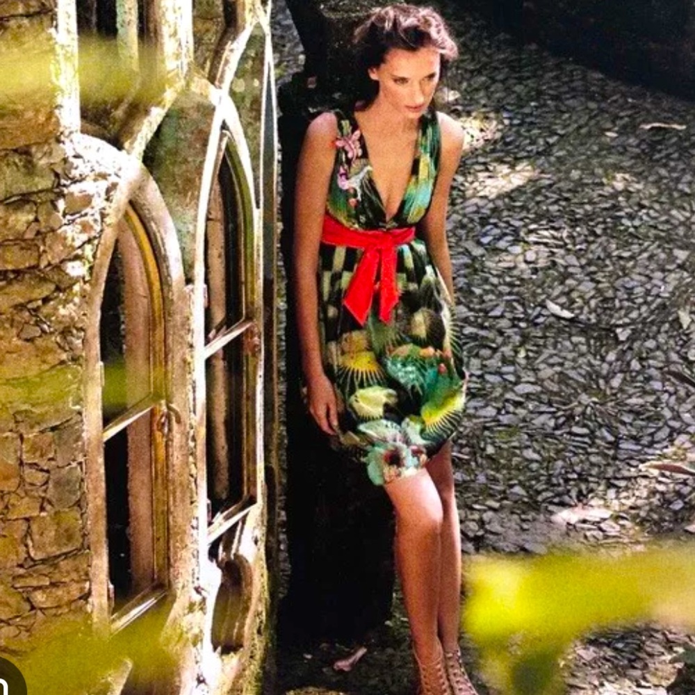 Eva Franco Green Print with Red Sash Dress Size 2